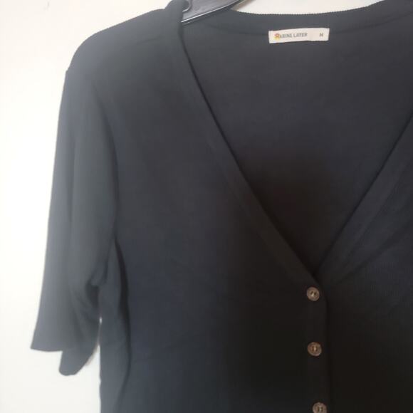 Marine Layer Lexi Button Front Ribbed Black Short Sleeve V-Neck Top Shirt Medium - Picture 6 of 11